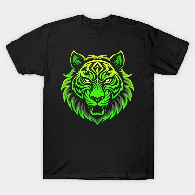 Tiger face neon green T-Shirt by Ravenglow